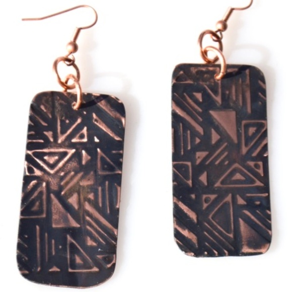 Copper Earrings Embossed Geometric Handmade Tribal - Picture 4 of 6
